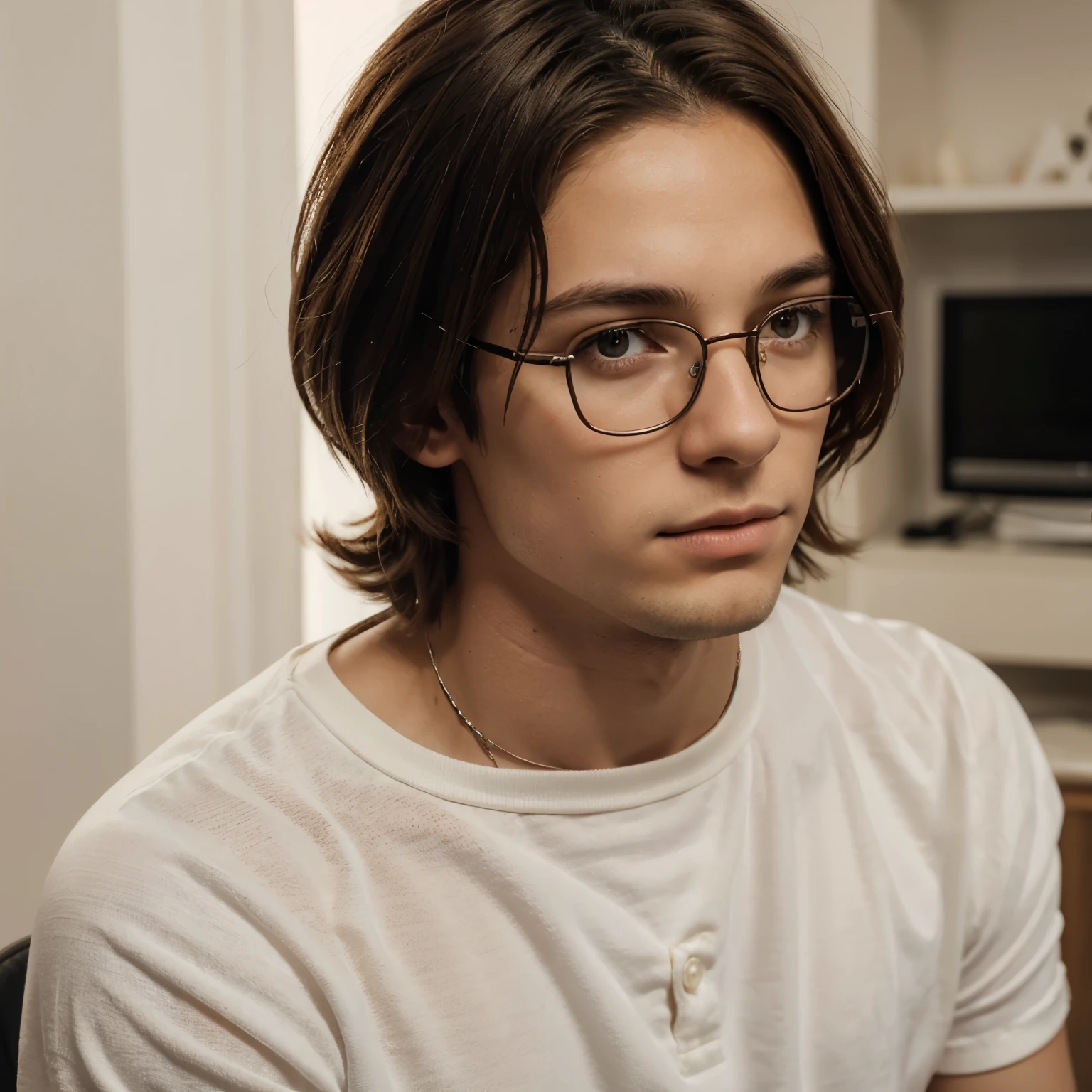 Alistair Cornwell, He is an 18 year old boy, imagen realista, estilo 3D. Alistair Cornwell, del dibujo animado Candy Candy. Apariencia de tez clara, ojos marrones, chestnut brown hair a little long, apariencia juvenil pero varonil, lentes claros redondos. Nariz perfilada pero no tan fina.