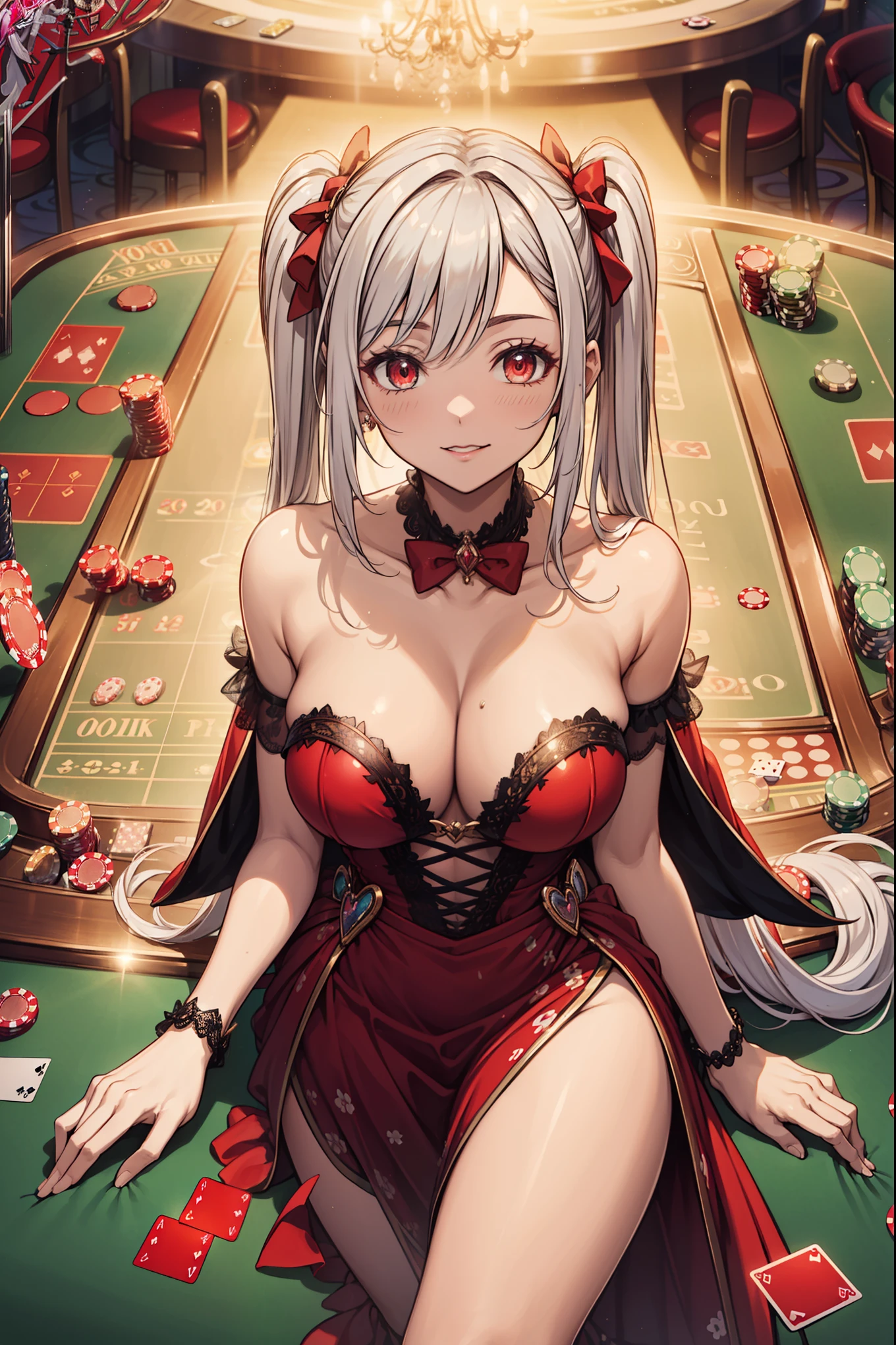(Best quality, A high resolution, Textured skin, High quality, High details, High details,Extremely detailed CG unity), Enchanted，having fun，Being in love，poker dealer in fantasy world, white hair, red eyes, pig tails, long pig tails, fancy hair, hair decoration, bow in hair, red lipstick, exquisite costumes，red tuxedo, sexy, solo person, A small amount of white lace，Dazzle, woman, beautiful, (dealer), female poker dealer, working, female working at casino, (sophisticated casino), (in luxurious casino), (dealing cards), detailed fancy casino, detailed fancy casino, large breasts, big breasts, huge breasts