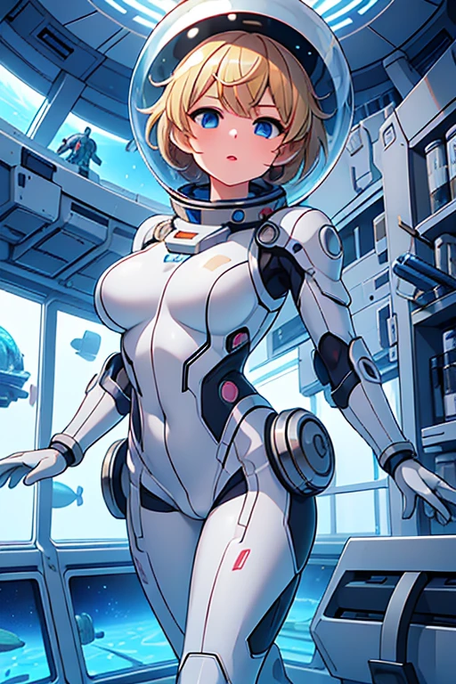 1girl, blonde_hair, solo,(space helmet):6, blue_eyes, looking_at_viewer, futuristic_diving_suit, realistic, breasts, short_hair, lips, medium_breasts, cyborg_enhancements, high_tech_armor, underwater, coral_reef, tropical_fish, sunlight_rays, futuristic_breathing_apparatus