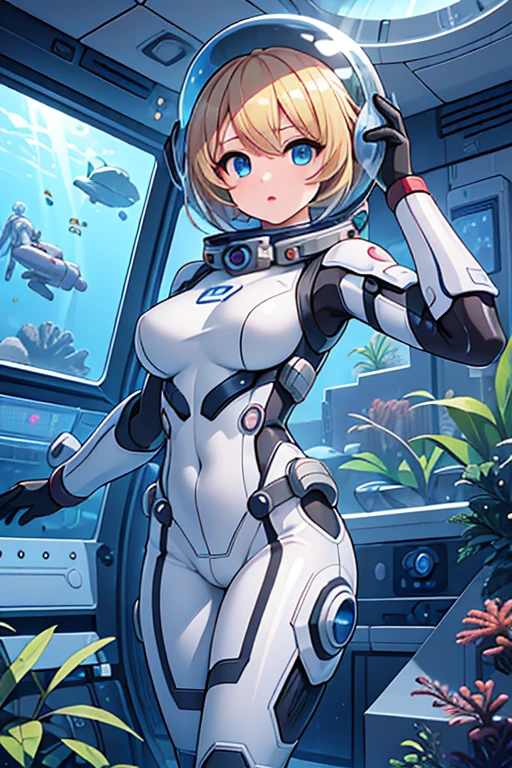 1girl, blonde_hair, solo,(space helmet):6, blue_eyes, looking_at_viewer, futuristic_diving_suit, realistic, breasts, short_hair, lips, medium_breasts, cyborg_enhancements, high_tech_armor, underwater, coral_reef, tropical_fish, sunlight_rays, futuristic_breathing_apparatus