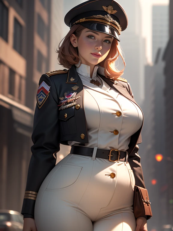 (1girl:1.4), (sfw), (clothed), (masterpiece), illustration,(realistic:1.5), (specular lighting:1.4), (hyperrealistic:1.2), (photorealistic face:1.2), (perfect face), (best quality), (8k), (4k), photorealistic, sharp focus, octane render, best quality, extremely detailed, intricate, hyper detailed, fantasy, soft lighting,(medium breasts:1.4), (skindentation:1.3), Matilda Ajan from Gundam, Matilda Agen, Matilda Ajan, looking straight at viewer, military Saluting, one hand down, tan full uniform, tan color uniform, tight off-white pants, perfect body, standing straight up, military attention, military salute, officer uniform, tan military jacket, buttoned up jacket, perfect hands, military officer hat, tan color hat, warm smile, kind smile, destroyed city in the background, short auburn hair, hair slicked back, cropped hair, thigh gap, (chubby:1.2), (huge breasts:1.2),