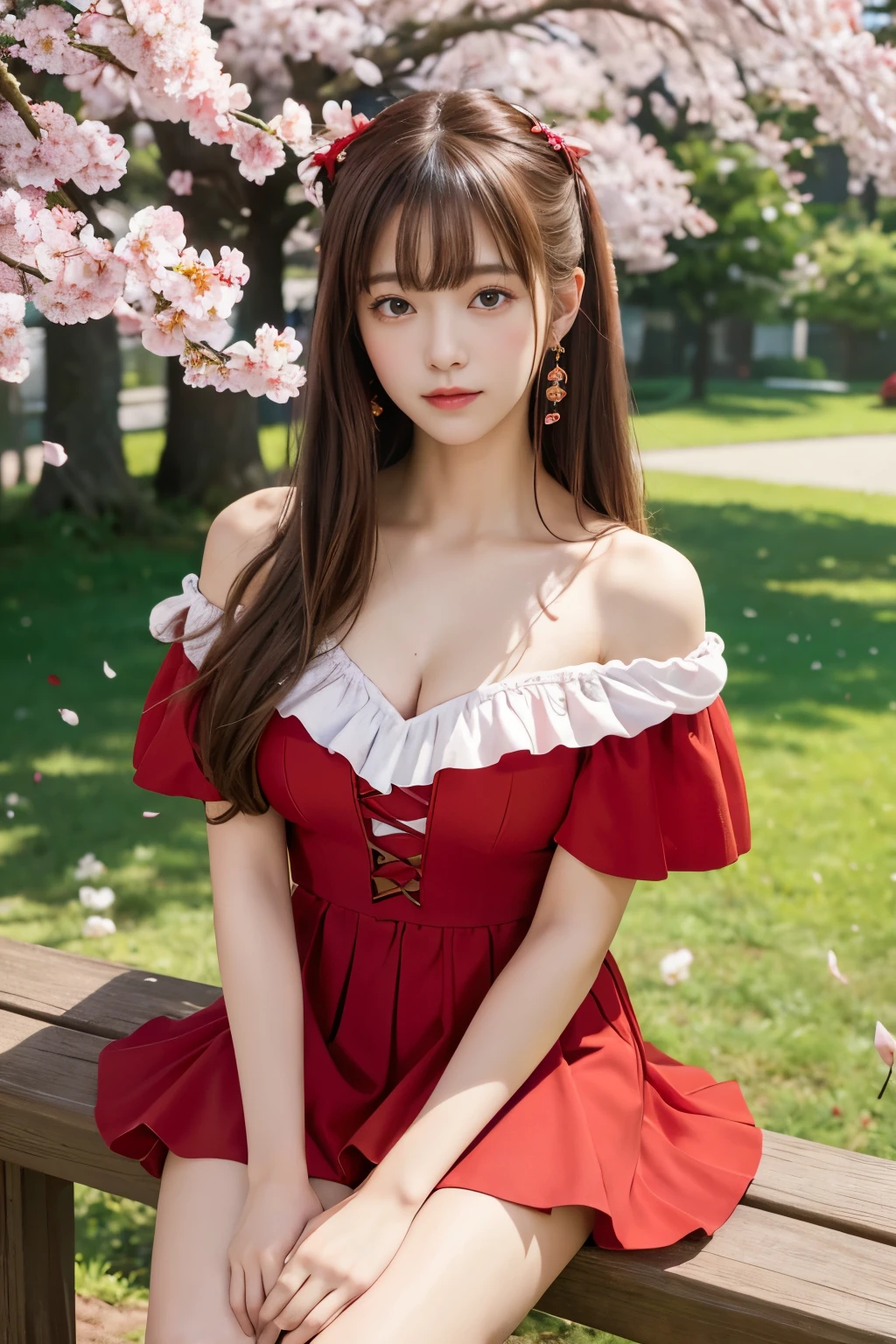 masterpiece、highest quality、8K、Age 25、Teen、RAW Photos、Disorganized、Award-winning portraits、Very detailed， Pay attention to more than the thighs，Clear Face，（Best quality at best）、(Fluffy red off-shoulder dress style)，Long flowing hair，Cherry tree、Cherry blossom petals in full bloom