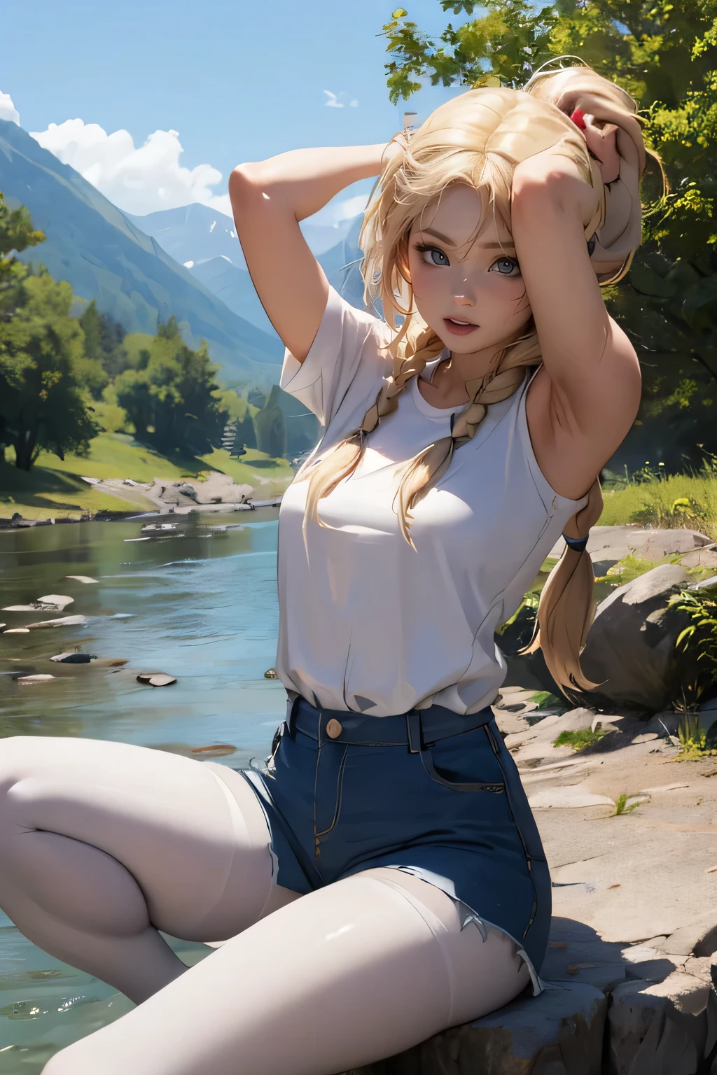 small country town, mountains, a woman straddling to hit crotch the stone bollard edge at along the small river, spread legs, casual dress, panties, eyes realistic sizing, jumping casual dress, no sleeve shirt, armpit, blond, braid,