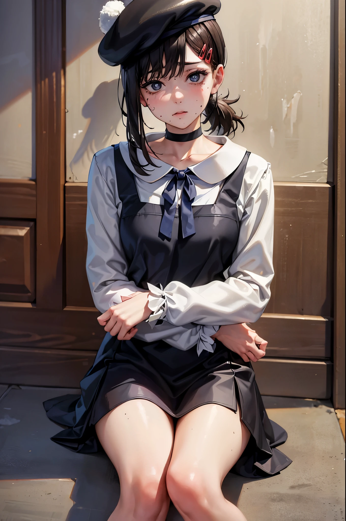 (masterpiece, best quality:1.2), expressive eyes, perfect face, highres, 1girl, solo, kobenicasual, short ponytail, hairclip, black dress, pinafore dress, white shirt, ribbon, long sleeves, beret, choker, sitting on floor, portrait, lookig at the viewer