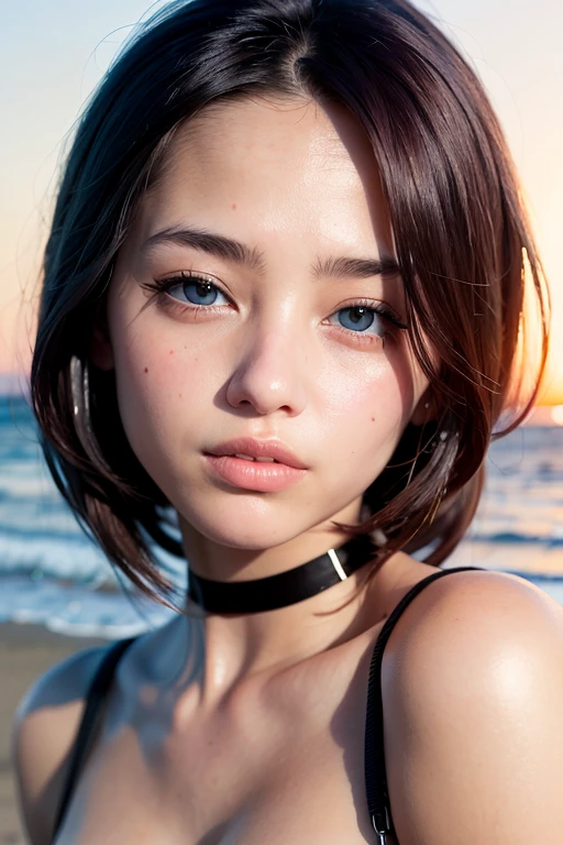 masterpiece、Ultra HD、distinct、RAW UHD format、 One 17 year old girl, highest quality, Realistic, alone, Depth of written boundary, Natural light, attractive, Beautiful Face, A melancholic look、Crystal Clear、clean, Pure Face, Detailed skin texture, cute, short hair, Beach, sunset、Sunset、Sunset coast, Small breasts, whole body, ((Beautiful Face、Detailed eyeoist eyes)), Micro Bikini、choker