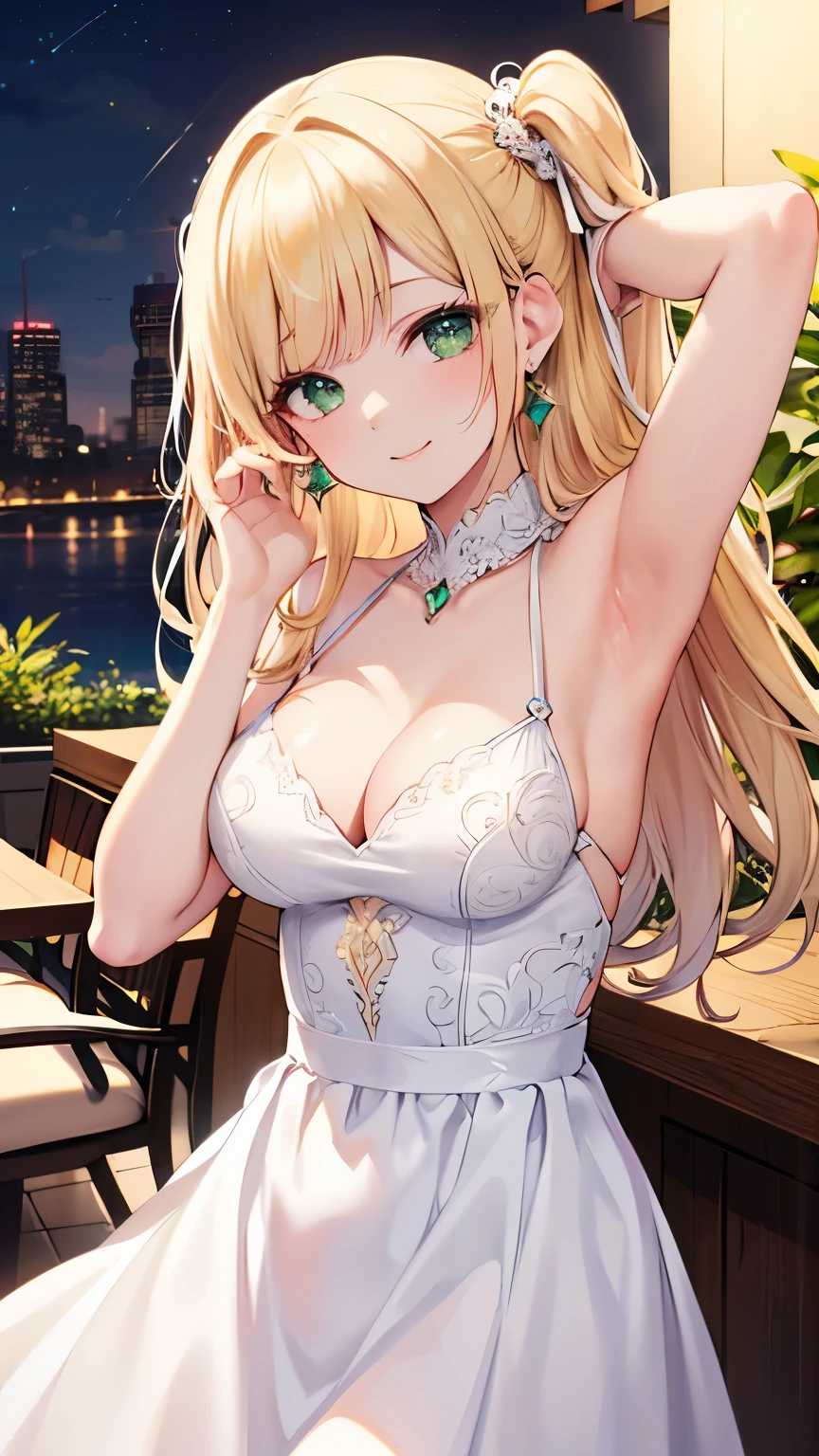 ((best quality)), ((masterpiece)), (detailed), perfect face, (best quality), (detailed skin), (intricate details), party, ball gown, ((white dress)), plunging neckline, green emerald necklace, earrings, bewitching smile, (hair two side up, blonde hair), terrace seats at night, armpits