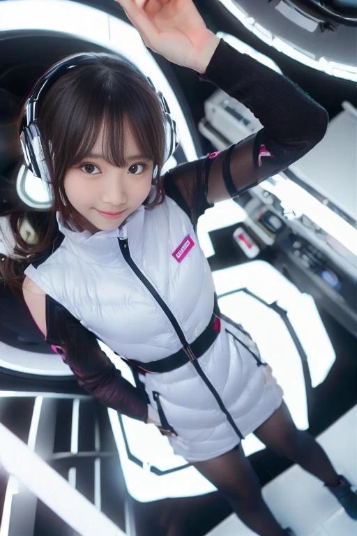 ((NSFW: 1.4)), (acrobatic pose):10,((Detailed face, Professional photography)), ((NSFW, zettai ryouiki, 1 girl)), Ultra-high resolution, (Realistic: 1.4), RAW Photos, highest quality, (PhotoRealistic Stick), concentrated, Soft Light, ((30 years old)), ((Japanese)), (( (Young Face))), (surface), (Depth of written boundary), masterpiece, (Realistic),(inside ISS):3, woman, ,astrovest:2,headphone:2,smartwatch,,bangs, ((1 girl)),(black sleeves):2,(black tights):2,inside spacestation,inside spacecraft,,zero gravity,smile,open leg,blush:1.5,hidden hands,neotech