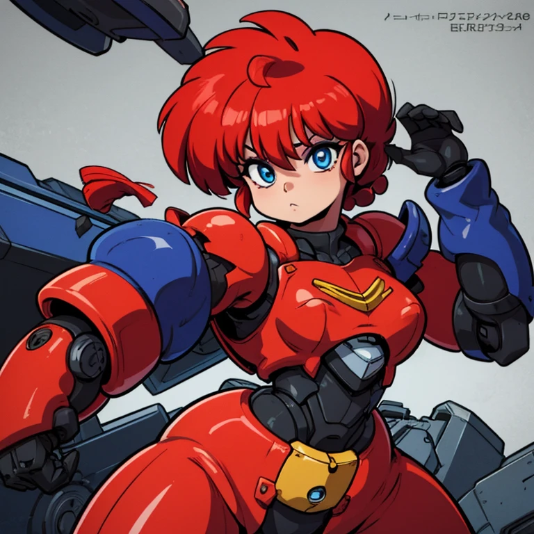 Ranmachan, cabello rojo, Cabello con trenza, ojos azules, ojos detallados, A-Mecha Musume, mechanical suit