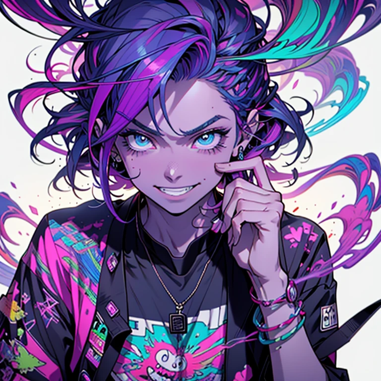 mago com manto de capuz vermelho e detalhes neon azul, sorriso sarcasticos, mixando como Dj, neon purple smoke, artgem, detalhes neon no cabelo, inspired goblin, ar 16:9 artgem niji