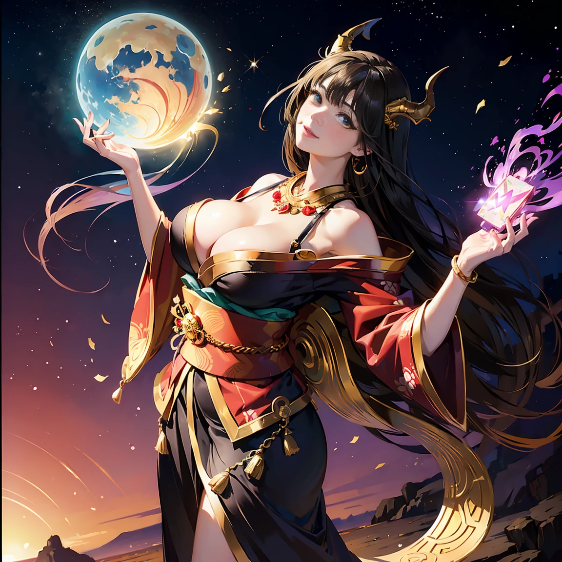 ((Dark world)),Professional , masterpiece、highest quality、Photo Real , Depth of written boundary 、(Sexy pose)、(A black maple tree in full bloom),(Ultimate beauty)、Black-haired、Mystical Expressions、(Shrine Background)、(Beautifully patterned kimono)、(Night Background)、Beautiful hair ornament on the head、,(Intense Combat),((Steep cliffs)),(Wear a beautiful kimono),(Wear a beautiful kimono with colorful floral patterns)、(日本のCastle Background)、Jewel Gold Weapon、Particles of light),(Intense Combat)、Gorgeous gold weapons ,Castle Background、(( Gorgeous Dragon Sword)) , (Dark Night),,(maikurobikini) 、((Black-haired美しい少女))、(Castle Background)、(Devil's Wings)、((Gangl Forest Background))、美しい白people美people、1people、Dynamic Angle,(((Two devil horns on the head)))、Small head、Idol Smile、A convenient way to express slim and beautiful women、Light effects、Intense Combat、Wind effectagic circle、With the legendary magic wand、dragon tail、Camel Toe、Giant tit、Earrings、necklace、Bracelet、Caster wheel、first round、Plump、Super big breasts、Ahoge、Slut、Cleavage,Mole on chest、transformation、Odd Eye、Molester、Plump、Super big breasts、Super big butt、Quite lewd