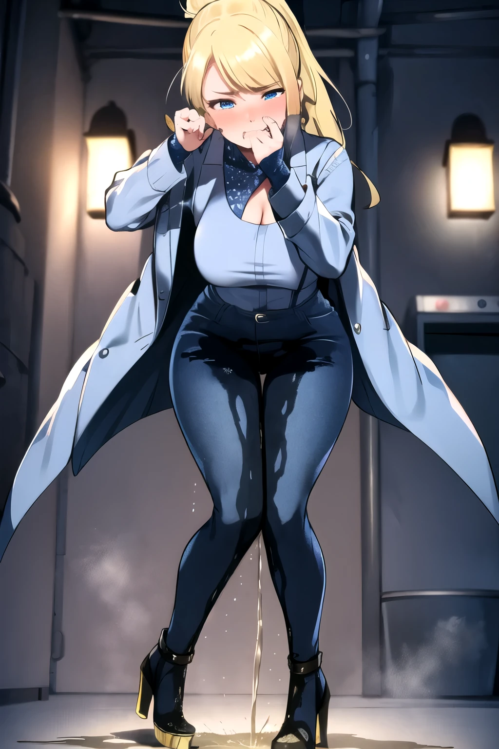 samus aran, (facing viewer:1.25), ponytail, large breasts, hair tie, jacket, (jeans:1.25), (standing straight:2.0), peeing herself, (wetting herself:1.5), very large peeing stain, huge pee stain, best quality, ultra-detailed, HDR, studio lighting, professional, vivid colors, sharp focus, physiologically-based rendering, bokeh, landscape, blue color palette, soft lighting, dynamic shadows, (hands on thighs:1.5), embarrassed, humiliation, blushing, angry, tears, (facing viewer:2.0), full body, high heels, cleavage