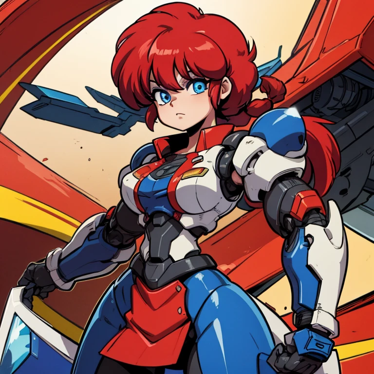 Ranmachan, cabello rojo, Cabello con trenza, ojos azules, ojos detallados, A-Mecha Musume, mechanical suit
