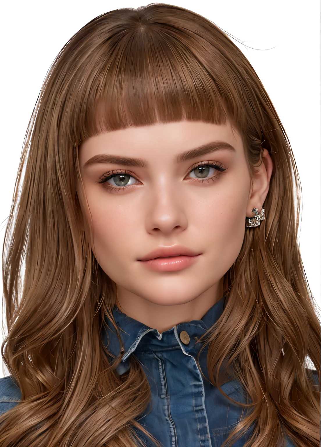 um close up de uma mulher com cabelos longos vestindo uma camisa jeans, hyperrealista teen, detailed realista face, realista rosto detalhado, highly detailed realista face, real rosto detalhado, detailed and realista face, realista and rosto detalhado, ultra realista face, extremely realista face, realista | rosto detalhado, very realista face, with very highly rosto detalhado, face very realista