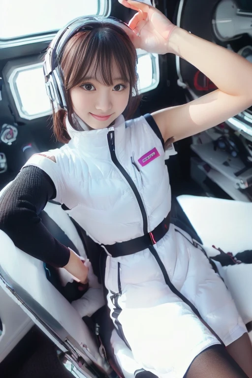 ((NSFW: 1.4)), (acrobatic pose):10,((Detailed face, Professional photography)), ((NSFW, zettai ryouiki, 1 girl)), Ultra-high resolution, (Realistic: 1.4), RAW Photos, highest quality, (PhotoRealistic Stick), concentrated, Soft Light, ((30 years old)), ((Japanese)), (( (Young Face))), (surface), (Depth of written boundary), masterpiece, (Realistic),(inside ISS):3, woman, ,astrovest:2,headphone:2,smartwatch,,bangs, ((1 girl)),(black sleeves):2,(black tights):2,inside spacestation,inside spacecraft,,zero gravity,smile,open leg,blush:1.5,hidden hands,neotech