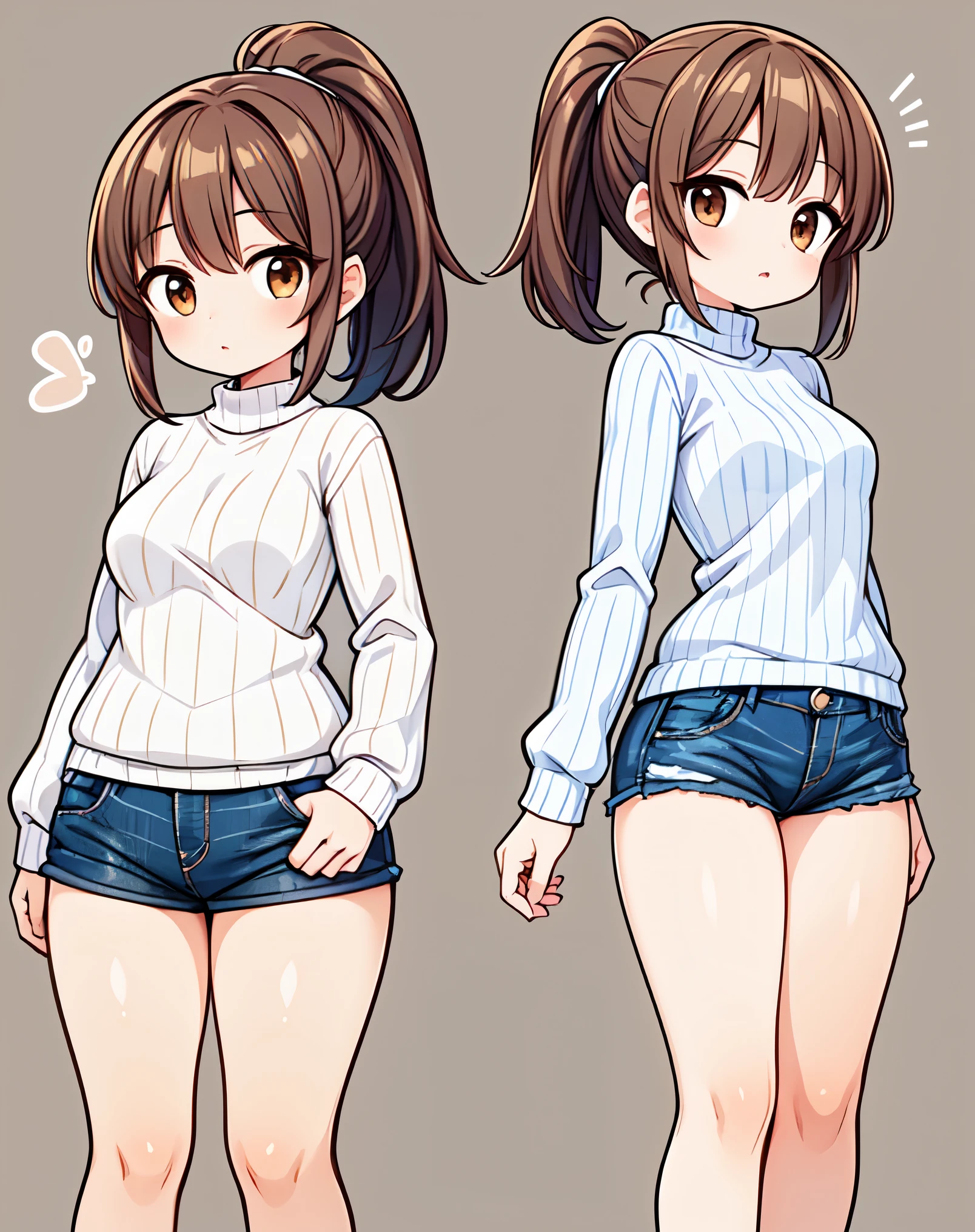 Brown haired girl,Ponytail Girl,30 years old,Brown eyes,Body type is slightly chubby,The breasts are small,The butt is small,The legs are a little thinner,White sweater and jeans