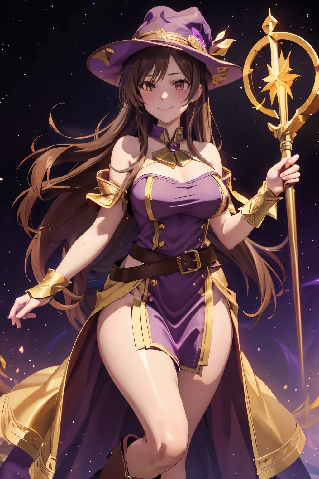 Girl, long hair, brown hair, brown eyes, smiling, Mage purple hat(with golden details), strapless dress, mage purple dress(with golden details), long purple socks, Zettai ryōiki ,purple gloves, belt, busty, wide hips, large thighs, anime style, purple boots((with golden details)), holding golden staff