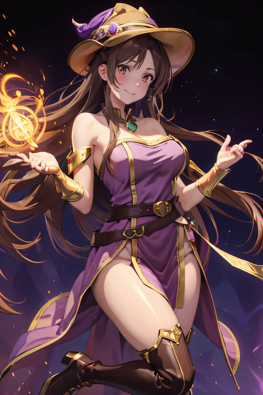 Girl, long hair, brown hair, brown eyes, smiling, Mage purple hat(with golden details), strapless dress, mage purple dress(with golden details), long purple socks, Zettai ryōiki ,purple gloves, belt, busty, wide hips, large thighs, anime style, purple boots((with golden details)), holding golden staff