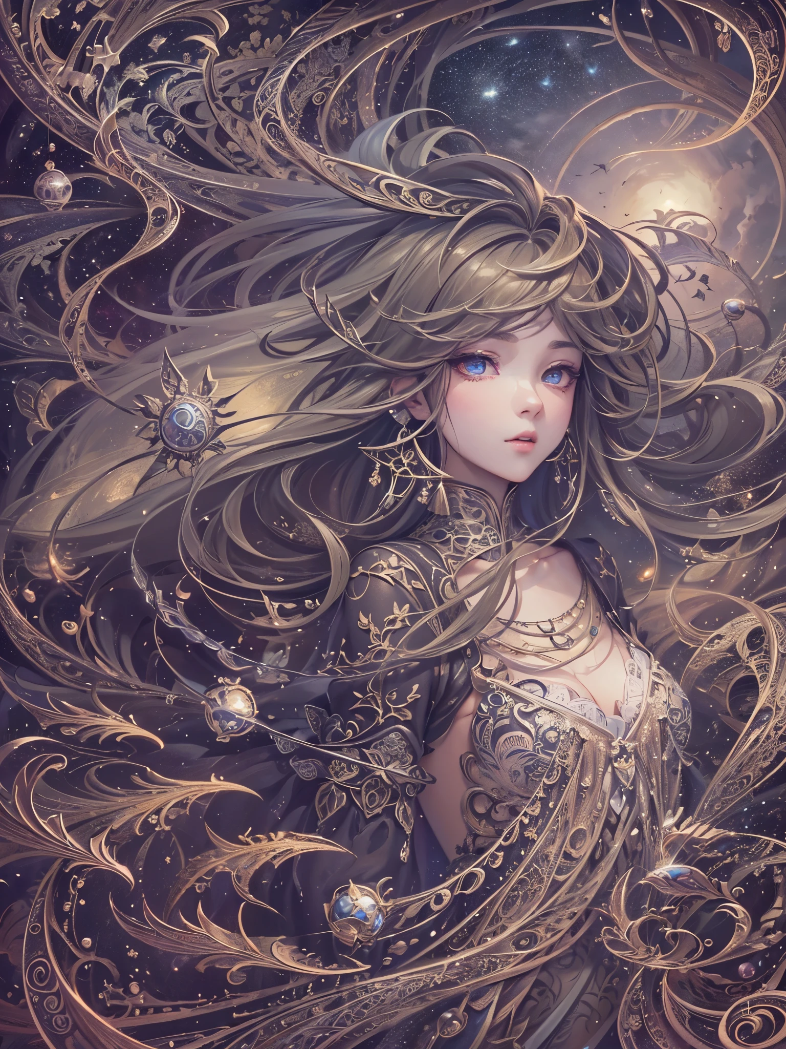 ((highest quality)),(Ultra-high resolution),(Very detailed),(Detailed Description),((The best CG)),(A masterpiece),Ultra-precise art,amazing drawing art,(Fantasy art with intricate detail:1.5), Shining constellations, Wandering with sin engraved in my mind