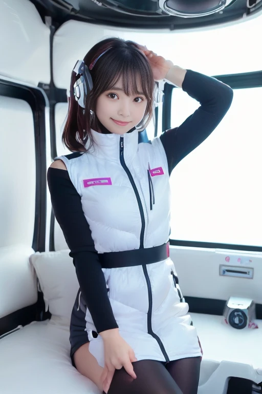 ((NSFW: 1.4)), (acrobatic pose):10,((Detailed face, Professional photography)), ((NSFW, zettai ryouiki, 1 girl)), Ultra-high resolution, (Realistic: 1.4), RAW Photos, highest quality, (PhotoRealistic Stick), concentrated, Soft Light, ((30 years old)), ((Japanese)), (( (Young Face))), (surface), (Depth of written boundary), masterpiece, (Realistic),(inside ISS):3, woman, ,astrovest:2,headphone:2,smartwatch,,bangs, ((1 girl)),(black sleeves):2,(black tights):2,inside spacestation,inside spacecraft,,zero gravity,smile,open leg,blush:1.5,hidden hands,neotech