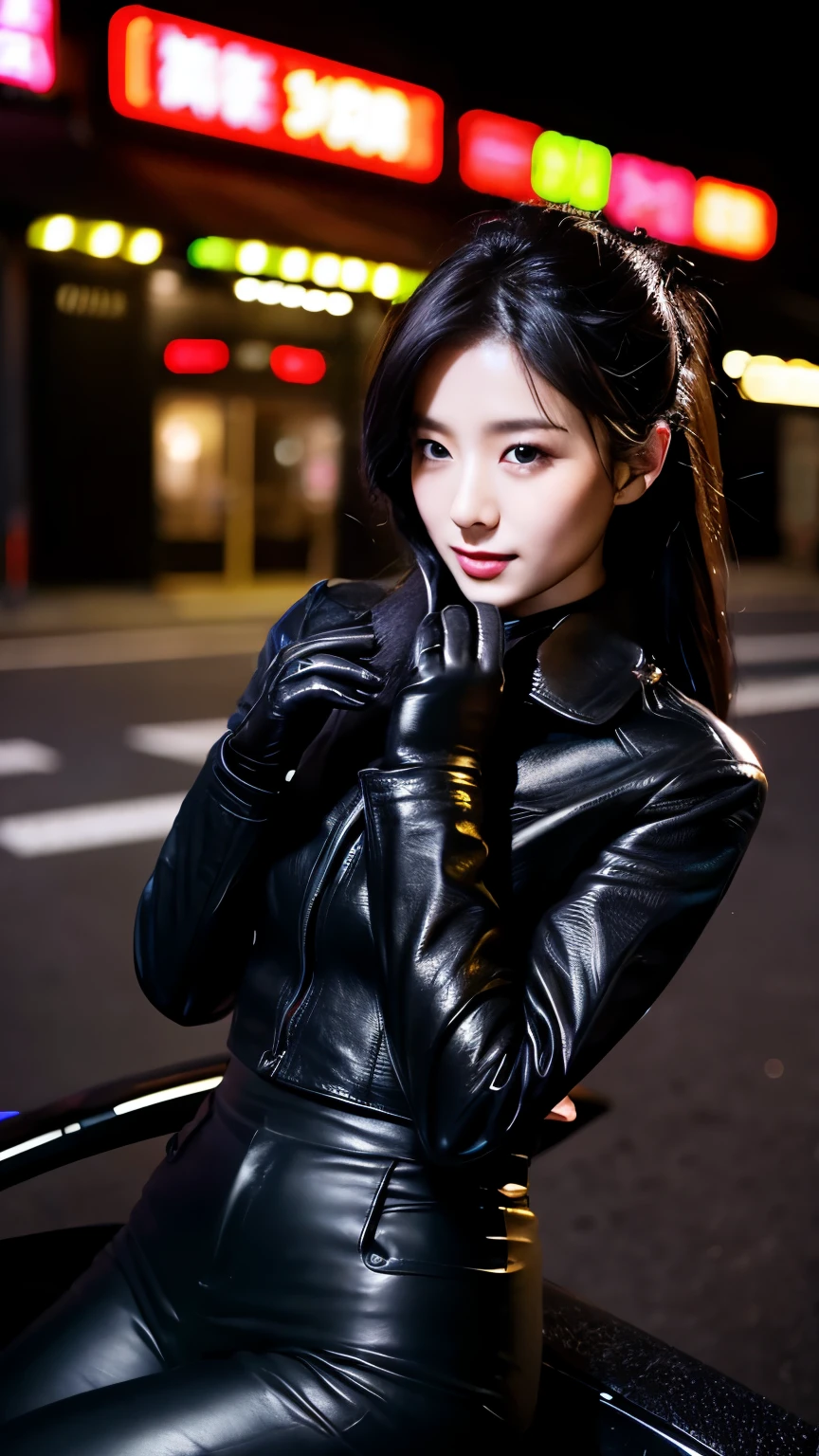 black leather rider jacket, Office in the Dark, Black leather gloved fingertips on both hands,Wearing black leather gloves,Sitting in a black leather chair、 Japanese female new recruits (Black leather gloves cover both hands) (The angle is horizontal)、Black Leather Pants,Black Leather Black Leather Pants,Black Leather Skinny Pants、Long black leather boots on both feet、Black hair ponytail ((He wears black leather gloves on his hands))Full Body Photo,full body shot full body full body leather suit,☺If you turn in this direction。Wearing black leather gloves,Wearing black leather gloves,Wearing black leather gloves,Wearing black leather gloves,Wearing black leather gloves,Wearing black leather gloves,黒のレザーパンツが美しい😍黒のレザーパンツが美しい😍黒のレザーパンツが美しい,😍Smiling while looking at me,City lights、((Neon Cyberpunk City Street:1.3))、(Neon Light)、Detailed lighting、
Best image quality、Ultra-high resolution、(realism:1.4)、Korean Beauty Star、The most beautiful KPOP stars、face、Horny Korean Makeup、A body that makes you want to touch it、Realistic leather texture、Costume made of smooth leather fabric、The drape of the curved parts of the leather fabric、The costume is very shiny、Quality of the costume、8K Photo Quality、
