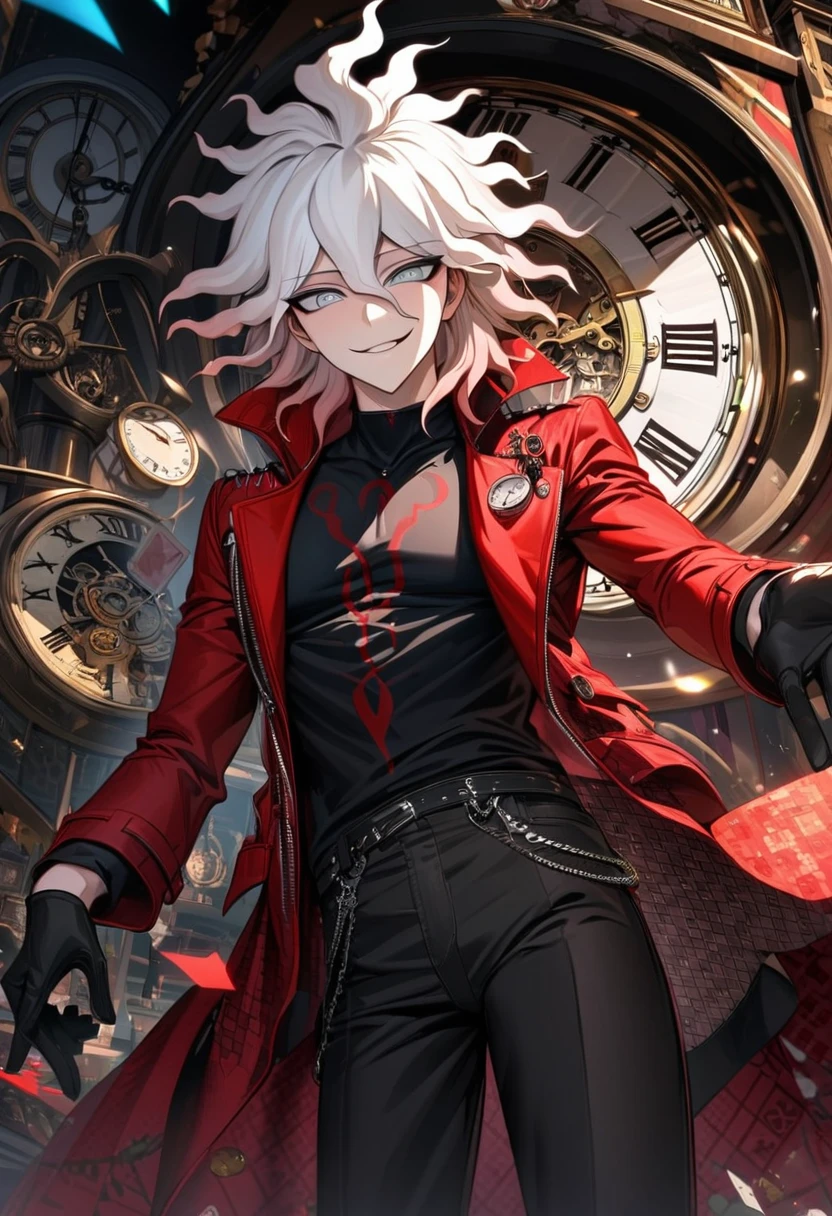 Handsome, solo, 1 male, short hair, white hair, red highlight at hair tips, yellow eyes, white and red clothes, smile facial, futuristic, cyberpunk, cards, dices, gambler