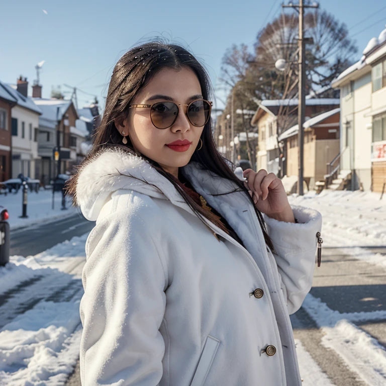 sam yang,, 1girl, animal, animal on shoulder, bird, black-framed eyewear, black eyes, black hair, blue sky, cityscape, clear sky, coat, day, earrings, eyewear hang, eyewear removed, fur coat, jacket, jewelry, long hair, looking to the side, outdoors, power lines, red lips, sky, smile, snow, solo, sunglasses, white bird, white coat, winter, winter clothes, , ((masterpiece))