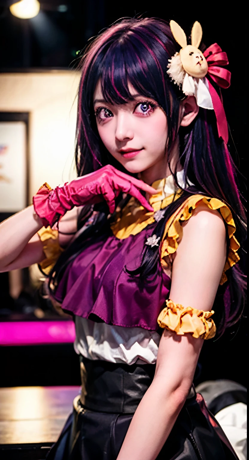 masterpiece, RAW Photos, 8K Ultra High Definition, Fine grain, Detailed face, highest quality, Very detailed,alone, hoshinoai, skirt, Pink gloves, hair ornaments, View your viewers, heart, Purple eyes, Light purple hair,  