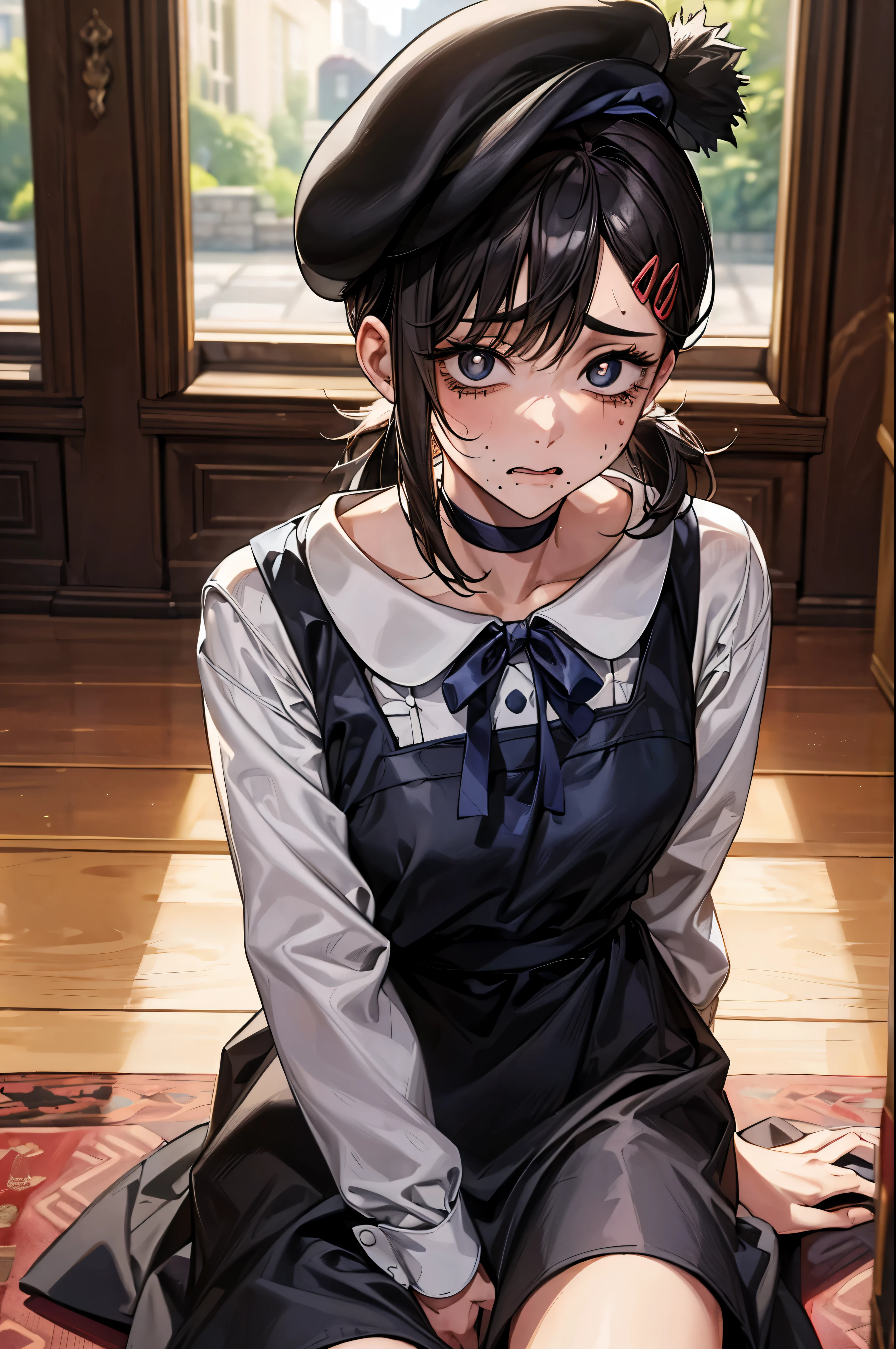 (masterpiece, best quality:1.2), expressive eyes, perfect face, highres, 1girl, solo, kobenicasual, short ponytail, hairclip, black dress, pinafore dress, white shirt, ribbon, long sleeves, beret, choker, scared face, sitting on floor, portrait, lookig at the viewer