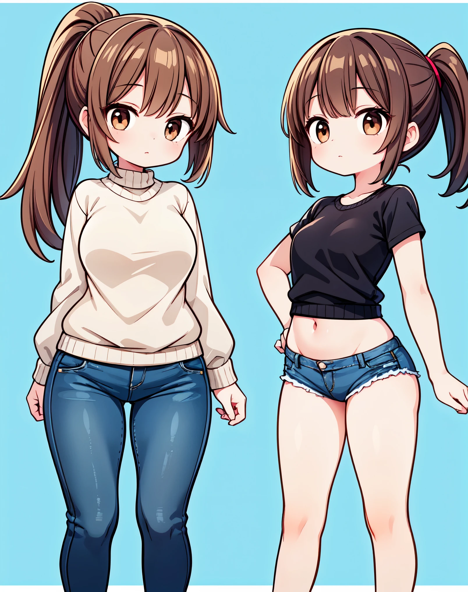Brown haired girl,Ponytail Girl,30 years old,Brown eyes,Body type is slightly chubby,The breasts are small,The butt is small,The legs are a little thinner,White sweater and jeans