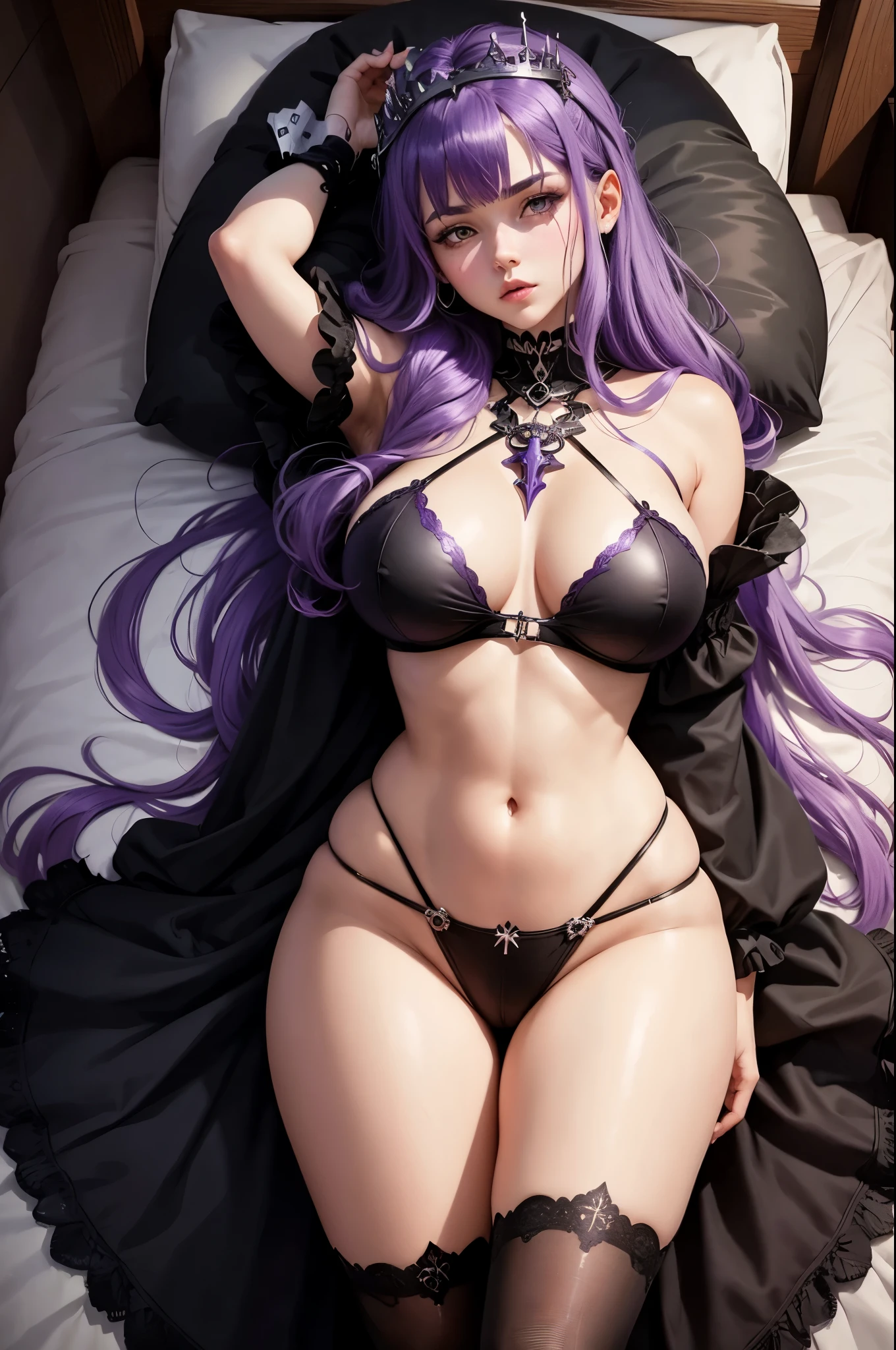 1girl, a knight, purple hair, beautiful face, skull tiara, full body amor, black heavy amor, perfect body, large , purple panty, back, show her butt, on belack sword, look at viewer, bed room back ground
