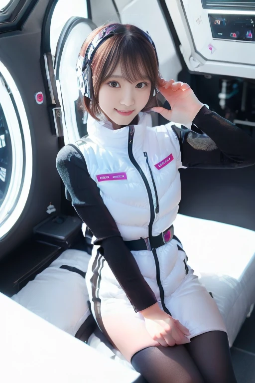 ((NSFW: 1.4)), (acrobatic pose):10,((Detailed face, Professional photography)), ((NSFW, zettai ryouiki, 1 girl)), Ultra-high resolution, (Realistic: 1.4), RAW Photos, highest quality, (PhotoRealistic Stick), concentrated, Soft Light, ((30 years old)), ((Japanese)), (( (Young Face))), (surface), (Depth of written boundary), masterpiece, (Realistic),(inside ISS):3, woman, ,astrovest:2,headphone:2,smartwatch,,bangs, ((1 girl)),(black sleeves):2,(black tights):2,inside spacestation,inside spacecraft,,zero gravity,smile,open leg,blush:1.5,hidden hands,neotech