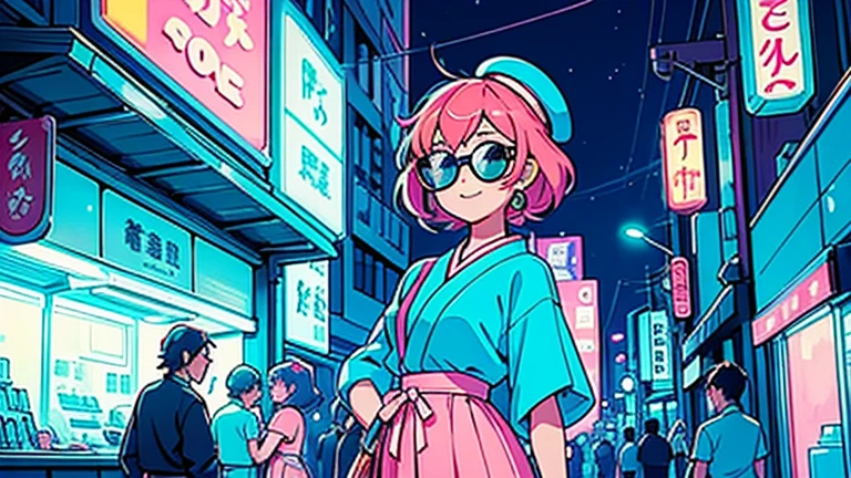 Vivid and bright colors, mainly pastel and neon colors、Inspired by the streets and fashion of Japan in the 1980s、Skyscrapers and neon signs、Long skirt、sunglasses、cap、Characters dressed in 80s fashion、Slim and tall、Model-like body type characters、A happy look、prospect、Mid-shot、Use the background to create depth、Records and cassette tapes、radio、A band playing at a live house、Men and women drinking cocktails and looking at the night view、Nostalgic and romantic mood。JapaneseCity pop