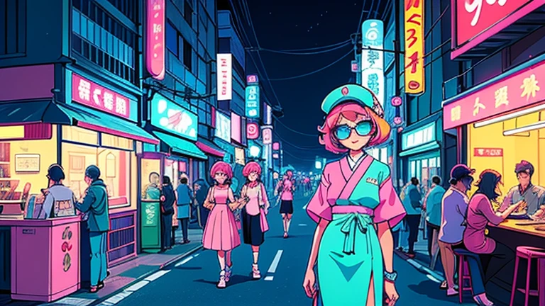 Vivid and bright colors, mainly pastel and neon colors、Inspired by the streets and fashion of Japan in the 1980s、Skyscrapers and neon signs、Long skirt、sunglasses、cap、Characters dressed in 80s fashion、Slim and tall、Model-like body type characters、A happy look、prospect、Mid-shot、Use the background to create depth、Records and cassette tapes、radio、A band playing at a live house、Men and women drinking cocktails and looking at the night view、Nostalgic and romantic mood。JapaneseCity pop