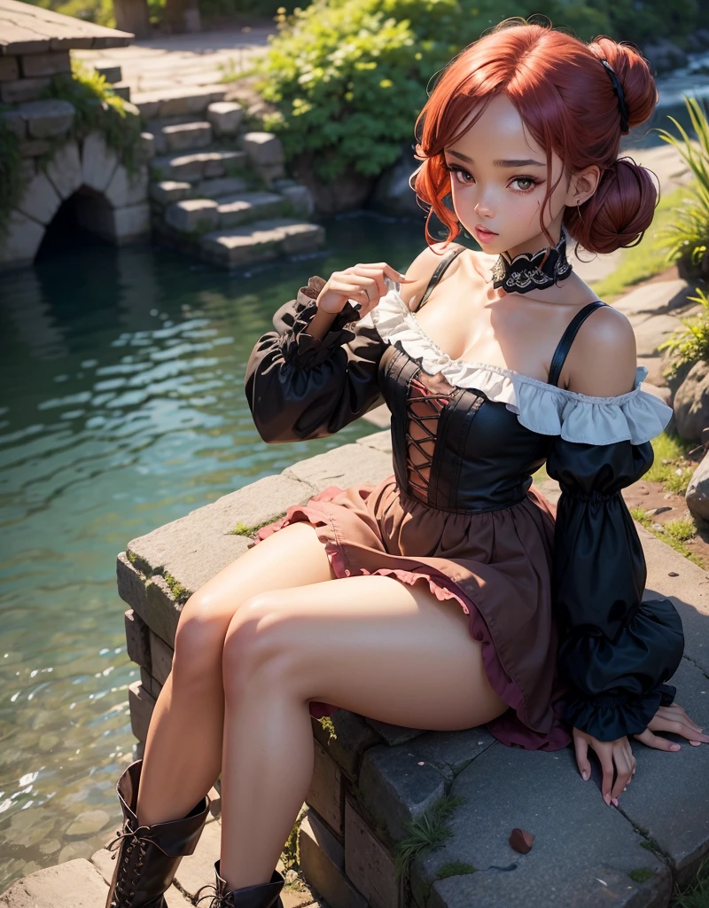 ((best quality)) ((best quality)), ((masterpiece)), (detailed), 4k image, anime style, beautiful woman, brown skin, symmetrical face, cherry pink plump lips, blood red eyes, African looks, fit athletic body, supple thighs, small breasts, toned body, slim waist, short height, sleek vermillion red hair tied in a messy bun, wide hips, phoenix eyes, small nose, heart-shaped butt, light blue frilly blouse, silky black pleated knee-length skirt, one girl only, full body image, one girl only, brown skin, front view, Gothic Medieval background and themed clothes , posing near a small river, innocent and gentle expression, innocence reflected in the clothing, sitting down and leaning near the bridge of the river, wearing boots