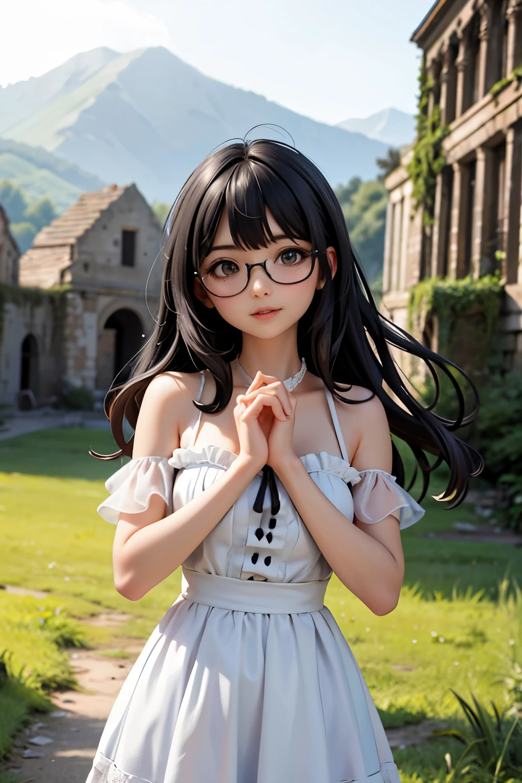 ((highest quality)), ((masterpiece)), (detailed), Perfect Face、Tattered dress、Long Hair、Black Hair、In the ruins、Glasses、Sunshine pours in、Grass grows、old buildings、