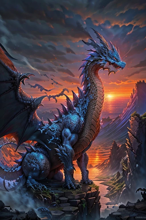 (a blue dragon posing in a ruined city),oil painting,impressive scale,powerful wings,sharp claws,fiery breath,majestic creature,scaly skin,detailed cityscape,crumbling buildings,twisting vines,beautiful sunset lighting,mythical beast,grandeur and mystery,ancient ruins,dramatic atmosphere,vivid colors,wisps of smoke,post-apocalyptic setting,highly detailed scales,ominous sky,awe-inspiring,legendary creature,chaotic and desolate,enchanted landscape