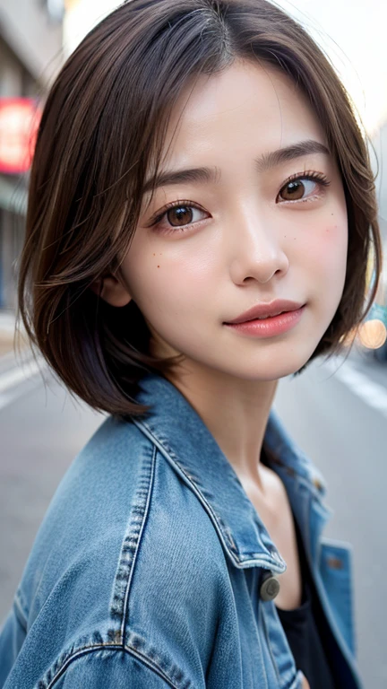 (((Straight shoulder-length brown mini bob hair)))、(((目が細くLight eye makeup)))、(((standing alone on the rider&#39;Jacket and denim against the backdrop of the alleys of Kabukicho at night.)))、(((Please come wearing clothes that cover your arms..)))、Half Japanese and half Korean、18-year-old girl、independent、look forward to、Light eye makeup、Brown Hair Color、flat 、Hair blowing in the wind、Quality of actress、Shiny, Ultra-realistic faces、smileの表情、Watery eye、look up、Soothing lighting effects、 Ultra-Realistic Capture、Very detailed、High resolution 16K human skin closeup。Skin texture must be natural、Must be so detailed that pores are visible、skin is healthy、Must be of uniform tone、Use natural light and color、High quality photos taken by modeling agencies&#39;Exclusive photographer、smile
