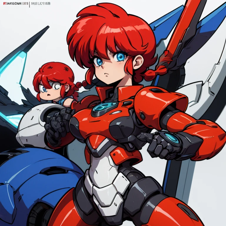 Ranmachan, cabello rojo, Cabello con trenza, ojos azules, ojos detallados, A-Mecha Musume, mechanical suit