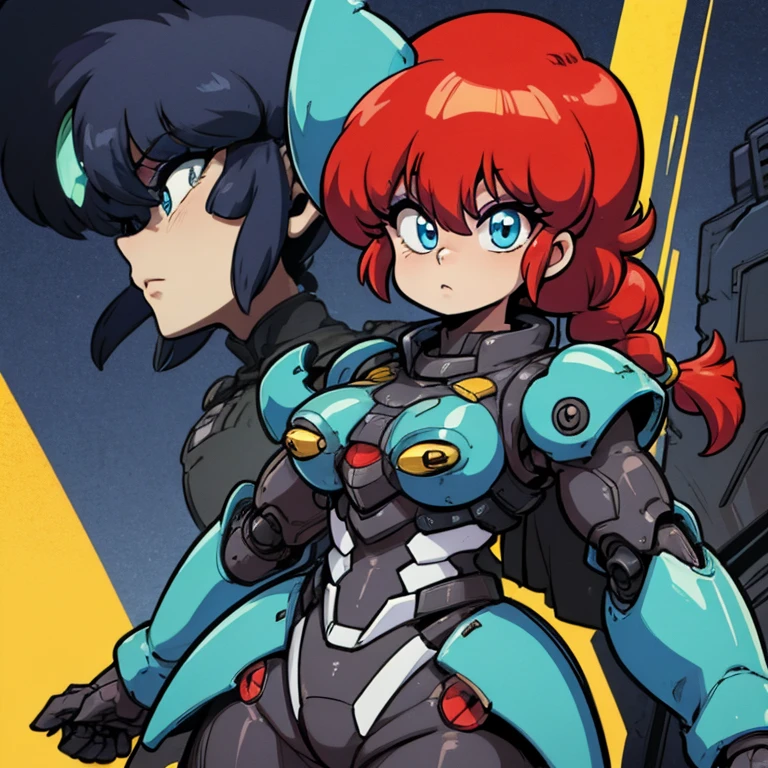 Ranmachan, cabello rojo, Cabello con trenza, ojos azules, ojos detallados, A-Mecha Musume, mechanical suit