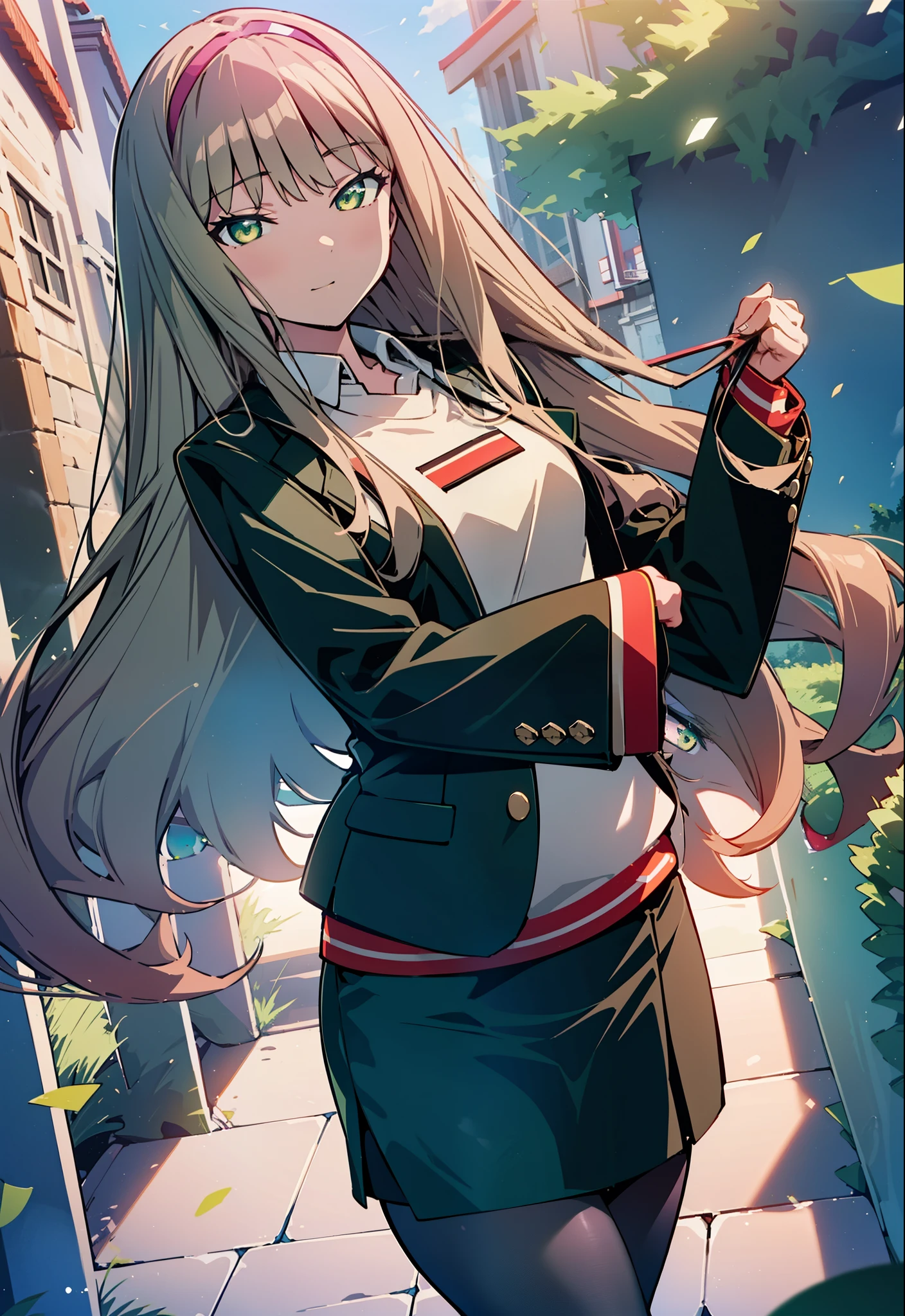 Minami Yume ,sss dynazenon ,Long Hair, Brown Hair, (Green Eyes:1.5) ,Medium chest,hair band,happy smile, smile, Open your mouth,OL, Black-rimmed glasses, end, black suit jacket, Collared jacket, White dress shirt, Collared shirt, Neckline, button,  Black pencil skirt, Black pantyhose,Stiletto heels,morning,morning陽,The sun is rising,So that the whole body goes into the illustration,
break looking at viewer, (Cowboy Shot:1. 5)
break outdoors, In town,Building district,
break (masterpiece:1.2), highest quality, High resolution, unity 8k wallpaper, (figure:0.8), (Detailed and beautiful eyes:1.6), Highly detailed face, Perfect lighting, Extremely detailed CG, (Perfect hands, Perfect Anatomy),