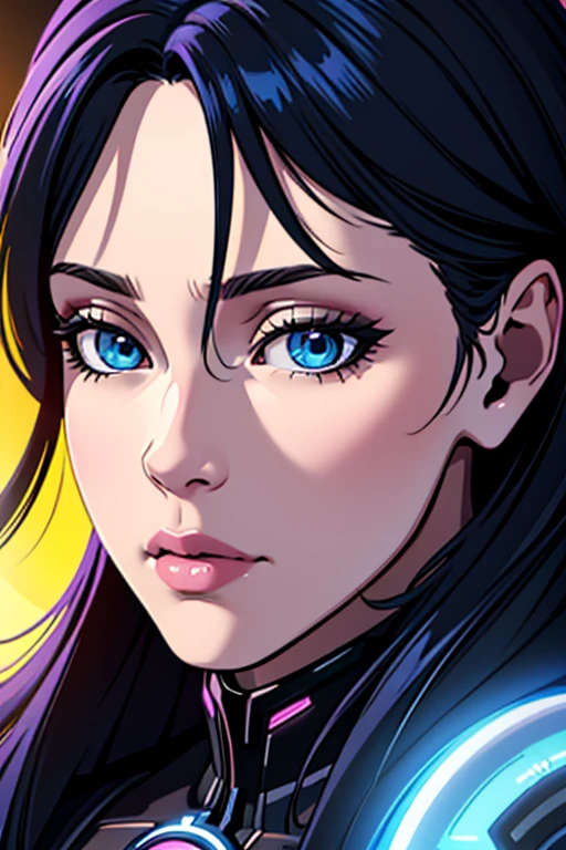 Close-up of a woman wearing a black and blue dress, Highly detailed digital art in 4K, Detailed 4K digital art, Realistic 4K digital art, realistic digital art 4 k, Stunning digital illustration, Image of a beautiful sci-fi girl, Portrait of a woman from science fiction, 4K digital artwork, Cyberpunk girl picture, The face of the beautiful cyberpunk girl, Epic photo illustration