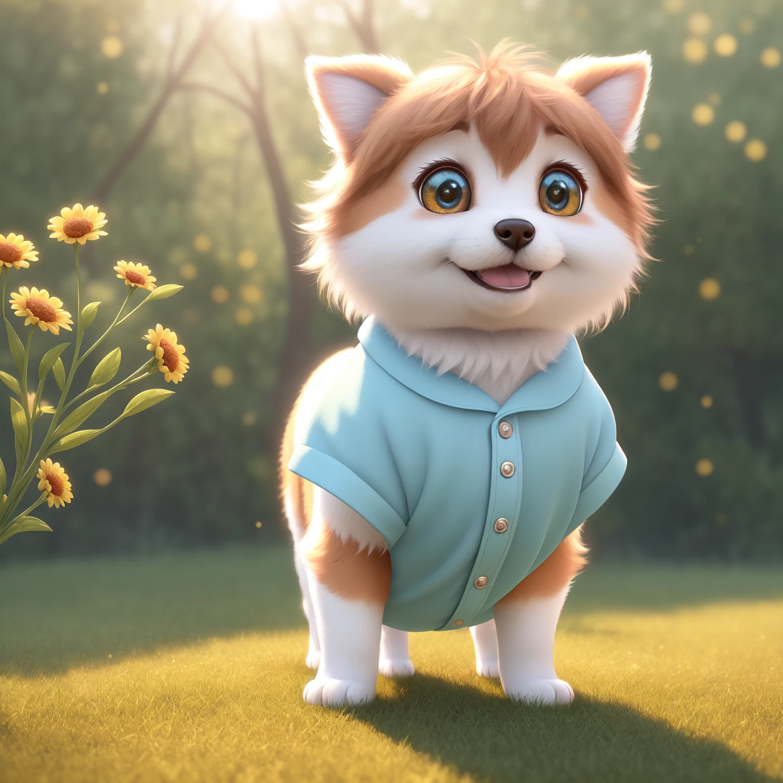 (masterpiece), (best quality), (ultra-detailed), (full body:1.2), (solo), Super cute, Pixar, colored Baby meadow dog in pajamas, Big bright eyes, Fluffy, Smile, Delicate and fine, Fairy tales, Incredibly high detailed, Pixar style, Bright color palette, Natural light, Simple background with pure color, Octane render, Trending on Artstation, Gorgeous, Ultra wide angle, 8k, HD, Realistic