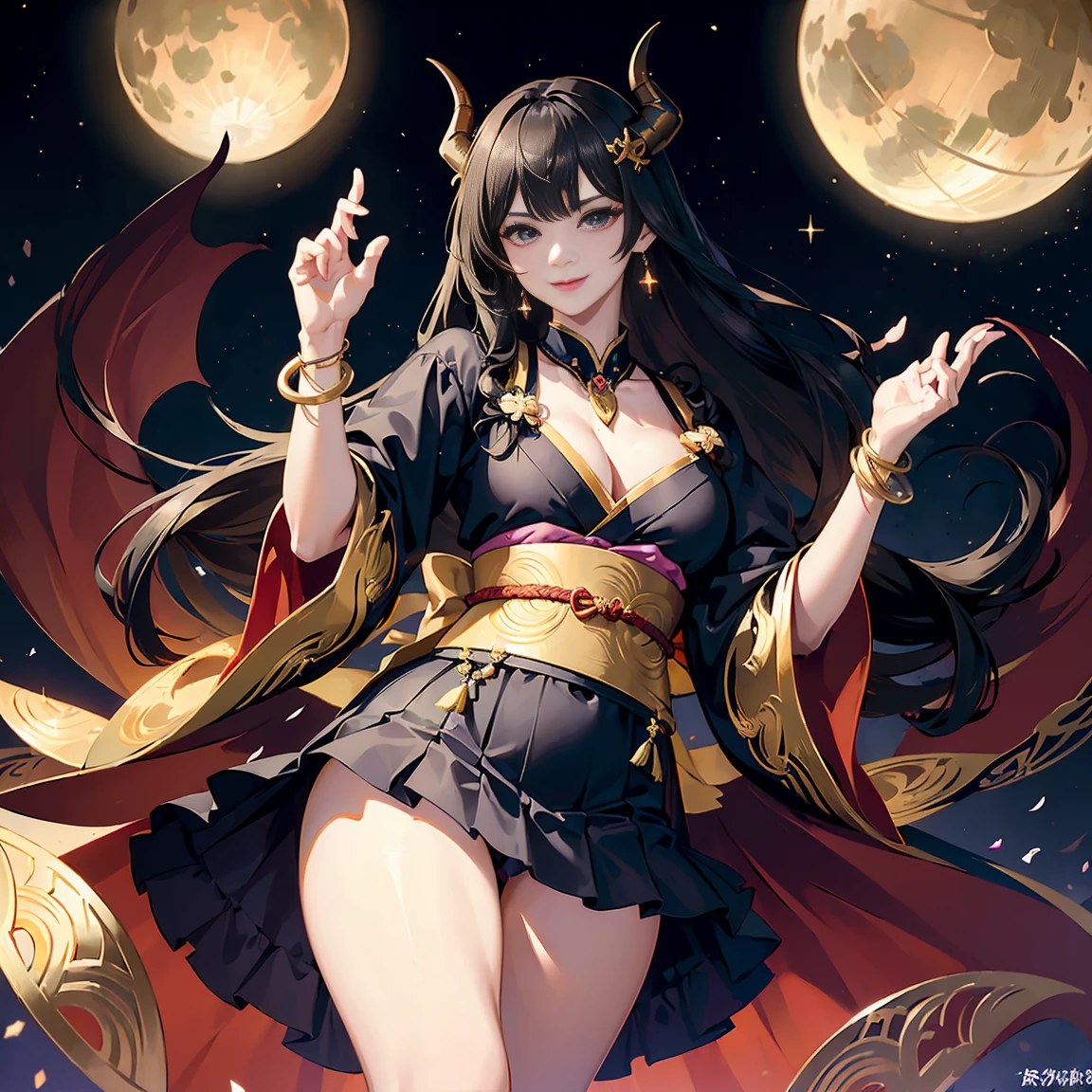 ((Dark world)),Professional , masterpiece、highest quality、Photo Real , Depth of written boundary 、(Sexy pose)、(A black maple tree in full bloom),(Ultimate beauty)、Black-haired、Mystical Expressions、(Shrine Background)、(Beautifully patterned kimono)、(Night Background)、Beautiful hair ornament on the head、,(Intense Combat),((Steep cliffs)),(Wear a beautiful kimono),(Wear a beautiful kimono with colorful floral patterns)、(日本のCastle Background)、Jewel Gold Weapon、Particles of light),(Intense Combat)、Gorgeous gold weapons ,Castle Background、(( Gorgeous Dragon Sword)) , (Dark Night),,(maikurobikini) 、((Black-haired美しい少女))、(Castle Background)、(Devil's Wings)、((Gangl Forest Background))、美しい白people美people、1people、Dynamic Angle,(((Two devil horns on the head)))、Small head、Idol Smile、A convenient way to express slim and beautiful women、Light effects、Intense Combat、Wind effectagic circle、With the legendary magic wand、dragon tail、Camel Toe、Giant tit、Earrings、necklace、Bracelet、Caster wheel、first round、Plump、Super big breasts、Ahoge、Slut、Cleavage,Mole on chest、transformation、Odd Eye、Molester、Plump、Super big breasts、Super big butt、Quite lewd、Super big breasts、Super big breasts、Chubby、Jiggly body、Jiggly belly、Protruding excess fat、Clothes that bite into