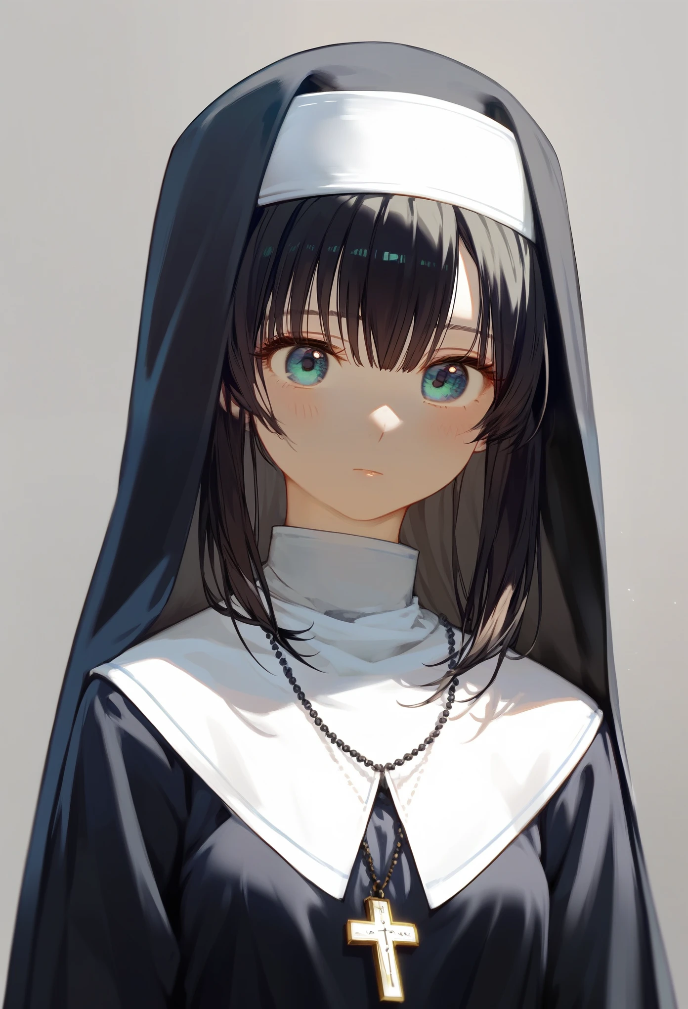 masterpiece, best quality, upper body, score_9, score_8_up, score_7_up, front, 1girl, solo, black hair, long hair, dark blue eyes, innexpressive, pale skin, small breasts, standing, upper body, nun, nun headwear, young girl, gray background, best quality