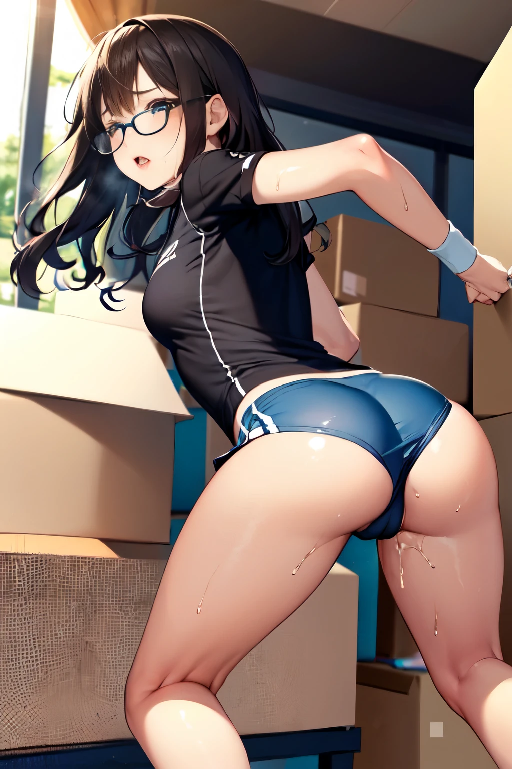 nsfw,(software:1.5), (Tennis Wear、Skort)、Dark brown wavy long hair、Droopy eyes, Thick thighs, Such an ass, Liar, bed, Open crotch, Dettol, Spread your legs, Show your side, Down the Out、Tears are overflowing、Glasses、(Dynamic pose)、(Moving hard:1.7)、Untidy body、Dynamic Angles、Turning around