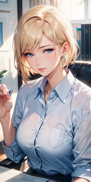 portrait, realistic, elegant mature woman, blue eyes, brown blonde hair, swept-side bang, 4k resolution, high quality cg, beautiful cg, soft light
