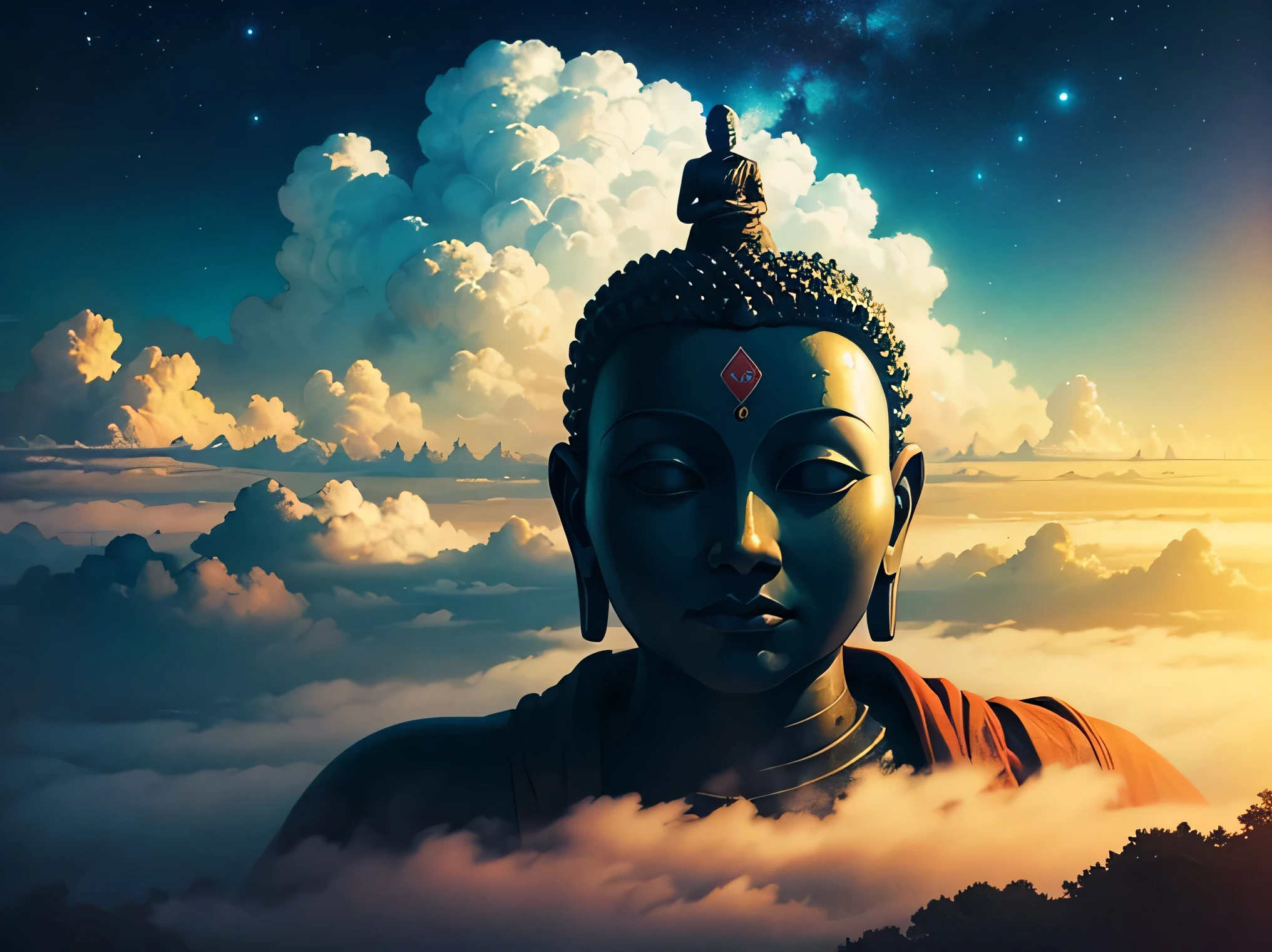 believe in Buddha forever, psychedelic art, landscape, landscape, Universe, fog, top quality, Double exposure