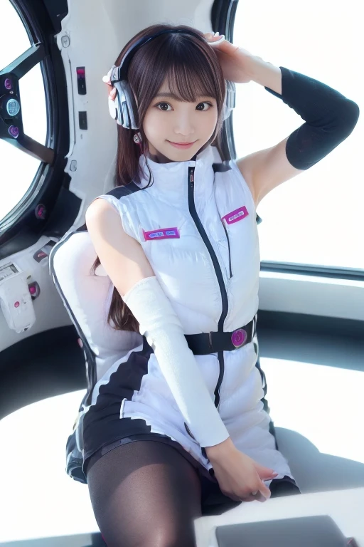 ((NSFW: 1.4)), (acrobatic pose):10,((Detailed face, Professional photography)), ((NSFW, zettai ryouiki, 1 girl)), Ultra-high resolution, (Realistic: 1.4), RAW Photos, highest quality, (PhotoRealistic Stick), concentrated, Soft Light, ((30 years old)), ((Japanese)), (( (Young Face))), (surface), (Depth of written boundary), masterpiece, (Realistic),(inside ISS):3, woman, ,astrovest:2,headphone:2,smartwatch,,bangs, ((1 girl)),(black sleeves):2,(black tights):2,inside spacestation,inside spacecraft,,zero gravity,smile,open leg,blush:1.5,hidden hands,neotech