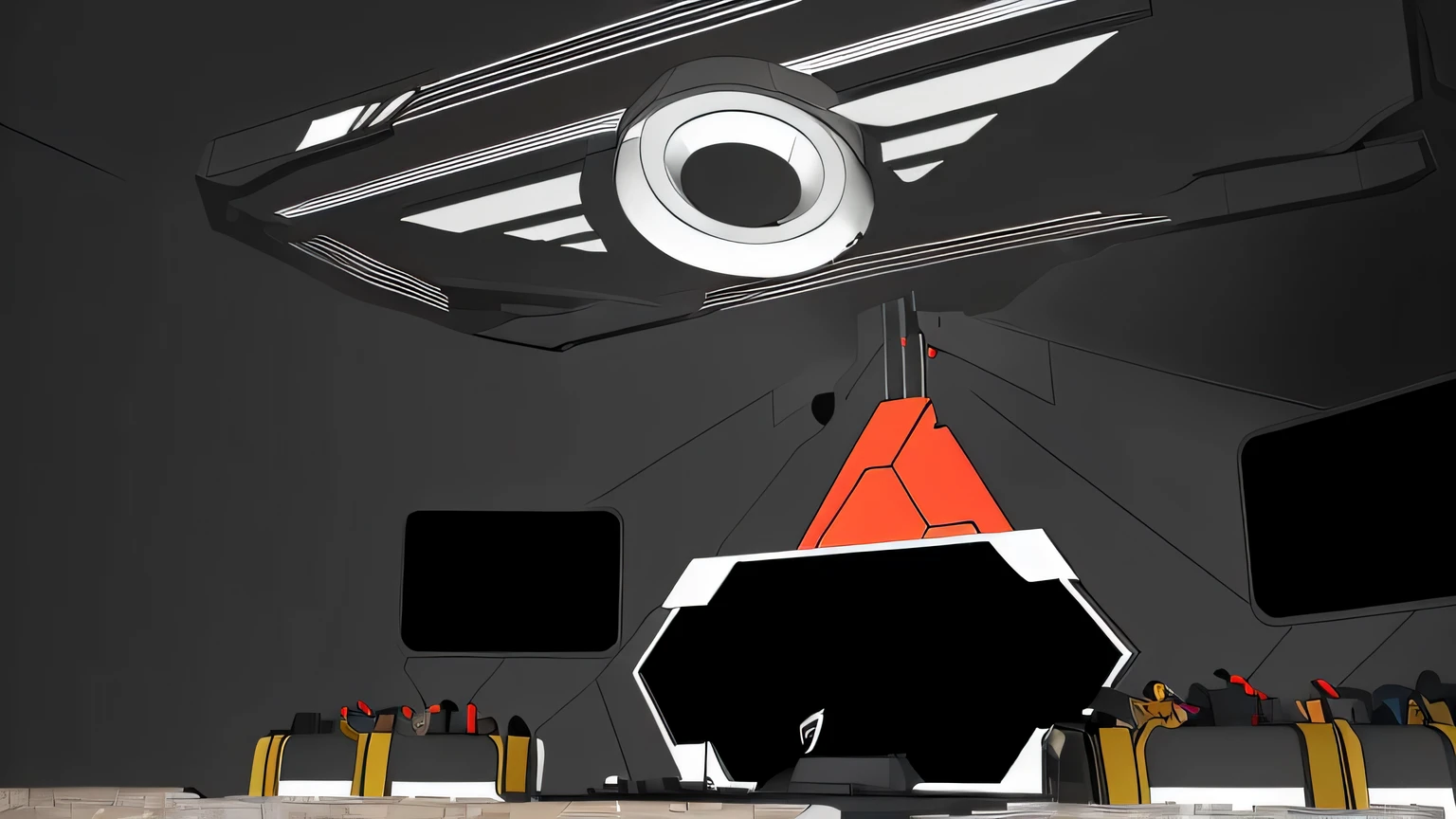 DESCRIPTION OF 1 ESPORT STAGE IN GAME STYLE, CYPHER. TAKING IDEAS FROM LEAGUE OF LEGENDS, THE AROUND LED LIGHTING HIGHLIGHTS THE STAGE IN THE MIDDLE. DIM LIGHT SHINES FROM THE ROUND LIGHT ABOVE THE CEILING. THE BLOCK IN THE MIDDLE OF THE STAGE IS DARK RED, DIAMOND SHINE. MAIN COLORS ARE YELLOW, WHITE, BLACK. LED LIGHTS RUN AROUND THE WALLS.