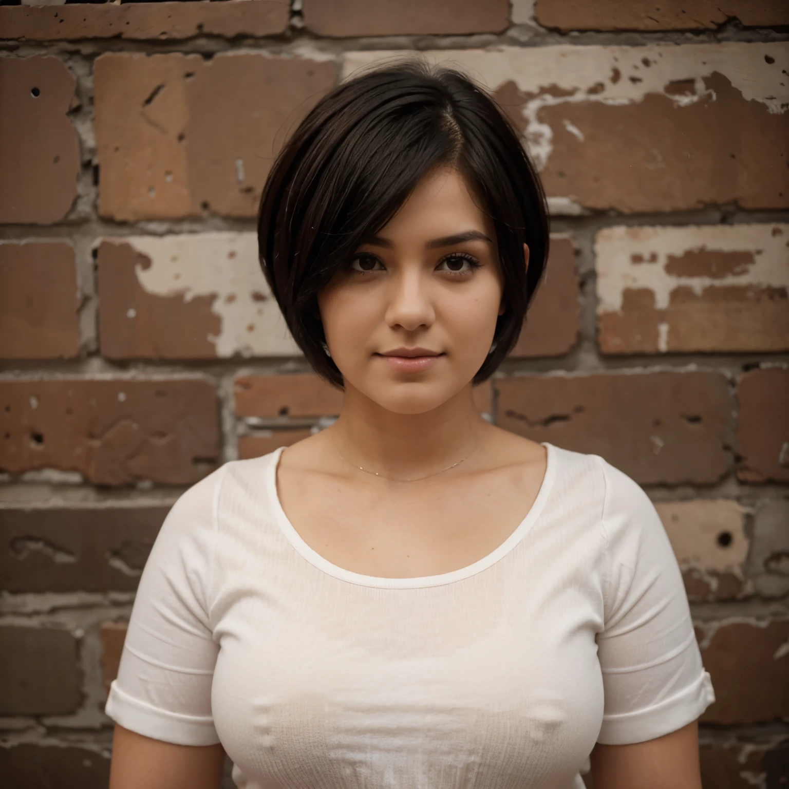 Chica gordita con cabello rizado y corte de cabello pixie